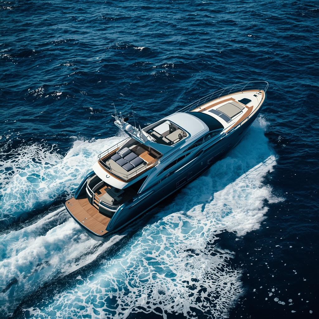 A luxurious modern fishing boat cutting through deep blue ocean waves, dynamic angle, bright sunlight, photorealistic, no people